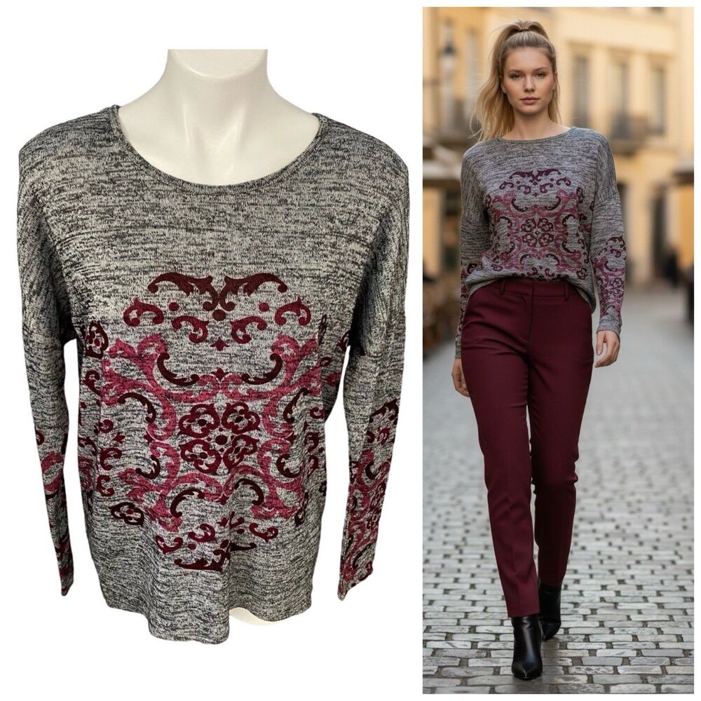 Great Northwest Top Womens Medium Damask Print Knit Tunic Gray Space Dye Red